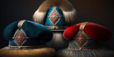 vivace cosacco cappelli con pelliccia ordinare, tradizionale russo capi di abbigliamento ai generato foto