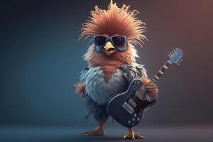 rockeggiare pollo un' pazzo gallina con un' chitarra giocando stella del rock su palcoscenico ai generato foto
