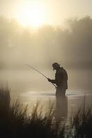 pesca a alba pescatore nel il nebbioso lago con pesca asta ai generato foto