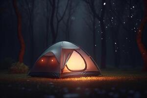 campeggio nel il buio illuminato tenda nel il foresta ai generato foto