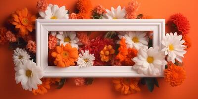incorniciato arancia e bianca floreale fiori su un' vivace arancia sfondo ai generato foto