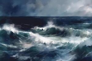tempestoso oceano onde un' pittura di drammatico onde nel un' tempesta ai generato foto