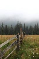 prato in autunno con una vecchia staccionata in legno su un primo piano di fattoria nelle montagne fumose foto