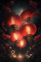 incantevole Cinese nuovo anno celebrazione con rosso lanterne illuminante il notte ai generato foto