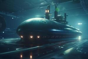 futuristico sottomarino nel subacqueo hangar con blu leggero effetti ai generato foto