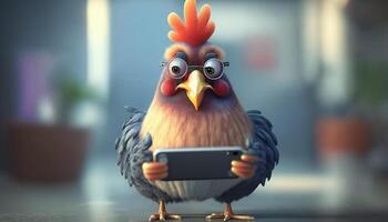 esperto di tecnologia pollo controllo messaggi su smartphone con bicchieri ai generato foto