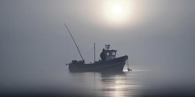 mattina nebbia su il oceano un' peschereccio a Alba ai generato foto