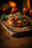 autentico italiano Bruschetta su rustico pane con pomodori e basilico ai generato foto