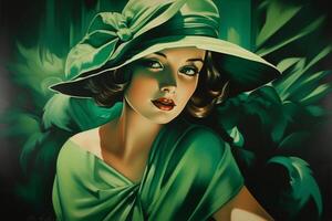 il arte deco signora nel verde un' ritratto di un' freddo bionda bellezza a partire dal il 1920 ai generato foto