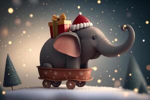 un' piccolo e divertente elefante indossare un' Natale cappello equitazione un' slitta nel il neve ai generato foto