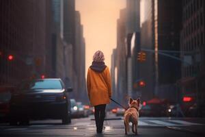 città passeggiare con canino compagno un' donna e sua cane in mezzo grattacieli durante tramonto ai generato foto