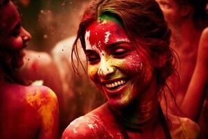 giovane sorridente donna holi Festival India ai generato soddisfare foto