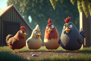 il quattro amigos divertente polli discutere su il azienda agricola ai generato foto