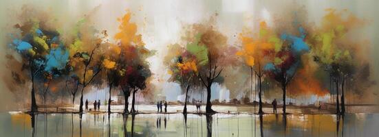 armonia di colori vivace orizzonte con astratto alberi nel un espressive pittura ai generato foto