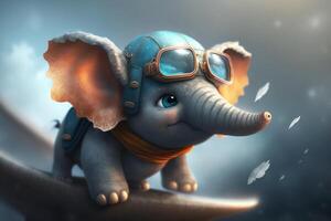 volante alto con il adorabile poco elefante pilota sopra il nuvole ai generato foto