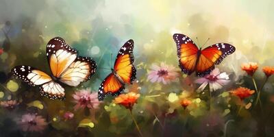 farfalle su fioriture un astratto disegno nel caldo colori ai generato foto