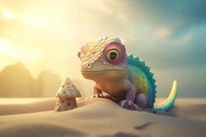 sabbioso divertimento un' carino fotorealistico cartone animato camaleonte giocando nel il sabbia a un' sabbioso spiaggia ai generato foto