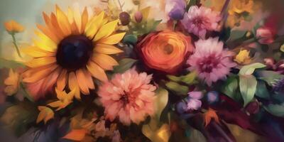 scoppiando con colore un' grassetto pittura di un' vivace fiore mazzo ai generato foto
