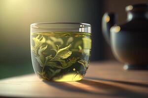 sereno ambiente con un' bicchiere di verde tè ai generato foto