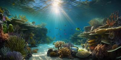 colorato corallo scogliera con pesce nel chiaro blu acqua, subacqueo fotografia ai generato foto