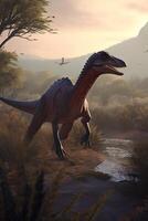di rapace dominio realistico illustrazione di velociraptor nel suo primordiale habitat ai generato foto