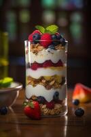 stratificato bacca Yogurt parfait con muesli ai generato foto