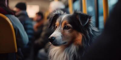 paziente cane su pubblico transito un' cane su il suo proprietari giro nel un' occupato tram ai generato foto