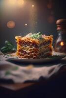 delizioso italiano specialità lasagne con fresco basilico e formaggio ai generato foto