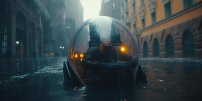 un uomo sottomarino con bicchiere capsula emerge nel futuristico paesaggio urbano, blu toni ai generato foto