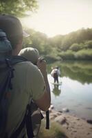 esplorando il all'aperto gruppo escursioni a piedi e campeggio di il fiume con zaini ai generato foto