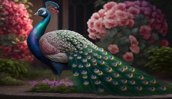 bellissimo pavone nel un indiano giardino ai generato foto