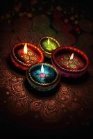 vivace festivo decorazioni con colorato candele per indiano Diwali celebrazioni ai generato foto