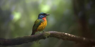 colorato uccello arroccato su un' ramo nel il foresta pluviale ai generato foto