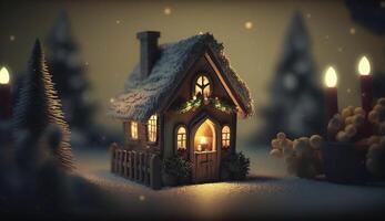incantevole Natale scena con nevoso strade e illuminato le case ai generato foto
