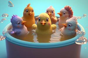 sciocco polli spruzzi in giro nel un' piscina di acqua ai generato foto