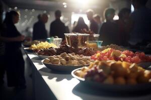 attività commerciale conferenza ristorazione buffet con sfocato sfondo di professionisti ai generato foto