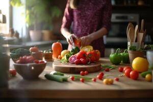 luminosa cucina con di legno controsoffitto, abbondante frutta e la verdura, e sfocato capocuoco nel il sfondo ai generato foto