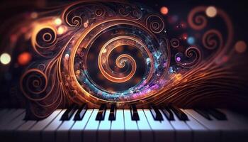 musicale vortice un astratto composizione di pianoforte chiavi che rappresentano suono onde ai generato foto