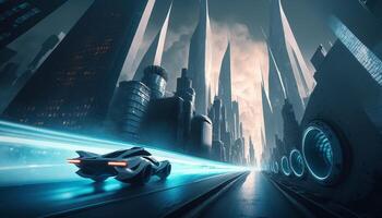 deformazione attraverso il futuro alta velocità autostrada nel un' futuristico città ai generato foto