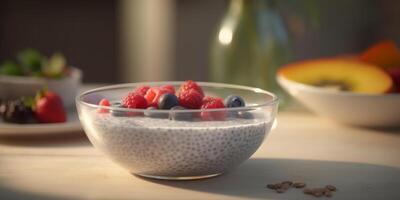 salutare prima colazione ciotola con chia seme budino e fresco frutta ai generato foto