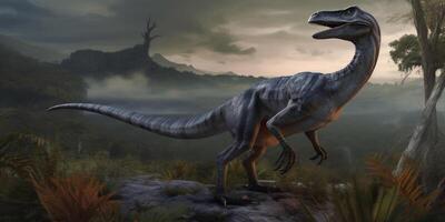 di rapace dominio realistico illustrazione di velociraptor nel suo primordiale habitat ai generato foto
