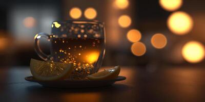 tè con Limone e bokeh nel trasparente bicchiere ai generato foto