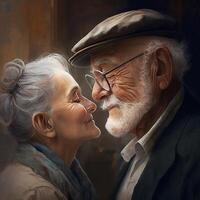 illustrazione di un vecchio amorevole coppia affetto età fiducia ai generato soddisfare ai generato foto