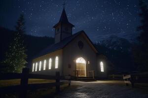 affascinante illuminato montagna cappella nel il notte ai generato foto