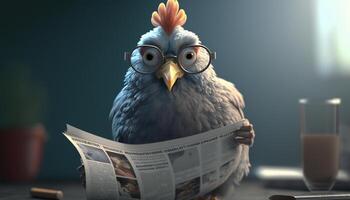 il inteligente pollo lettura il quotidiano notizia con bicchieri ai generato foto