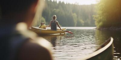 esplorando il all'aperto gruppo escursioni a piedi e campeggio di il fiume con zaini ai generato foto