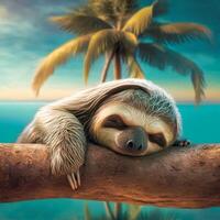contento e stanco bradipo dorme su un' palma albero nel estate ai generato foto