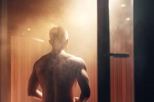 sudorazione esso su un' Visualizza di un' nudo dell'uomo indietro nel un' fumante sauna ai generato foto