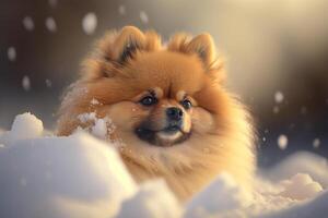 un' carino volpino cane seduta nel un' neve mucchio nel il orario invernale ai generato foto