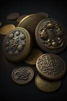 della fortuna incantesimi avvicinamento di tradizionale Cinese fortunato monete ai generato foto